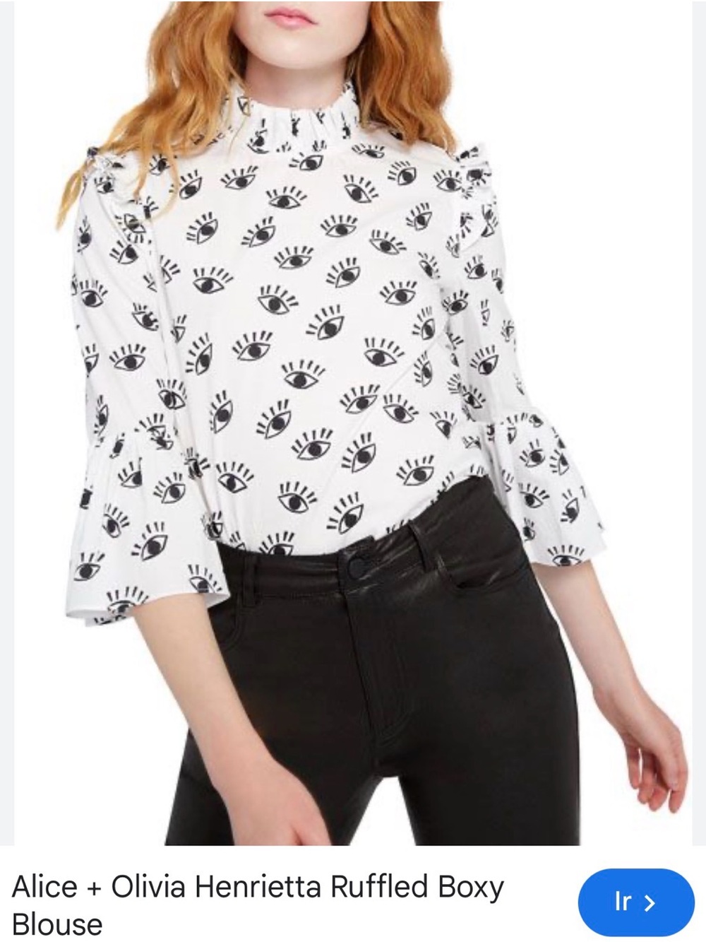 Alice + Olivia White Eye-Print Ruffled Mock-Neck Blouse